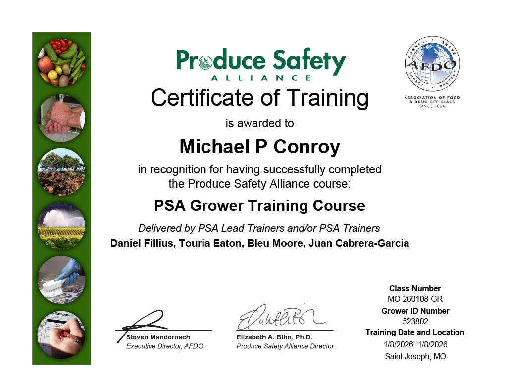 Produce Safety Alliance Certificate of Training